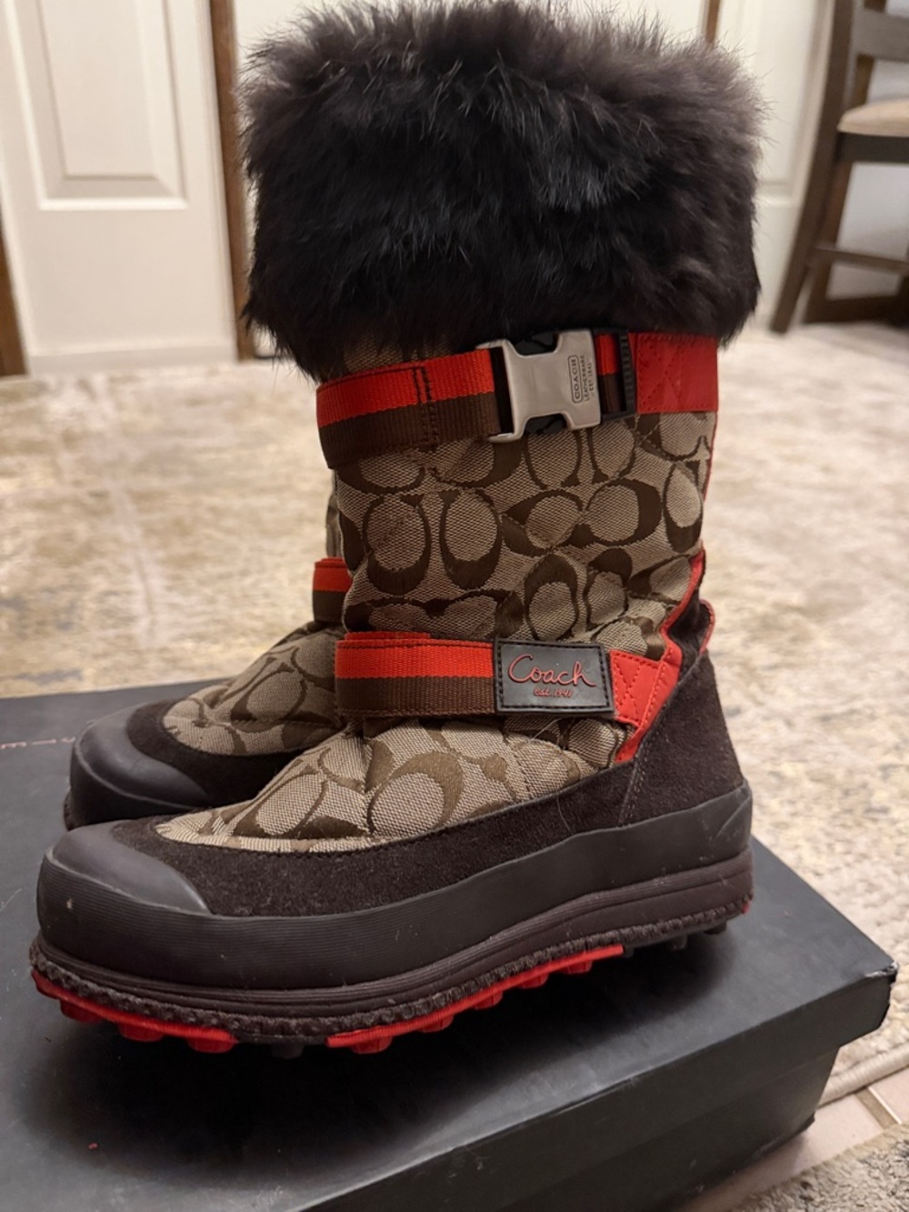 Coach Brown Signature Logo Winter Boots with Red Trim - Picture 2 of 3